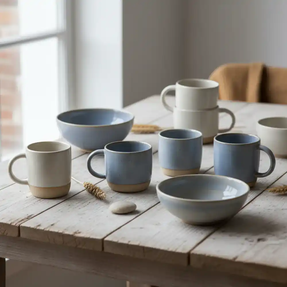 Handmade ceramic mugs and bowls on a wooden table, showcasing a minimal style