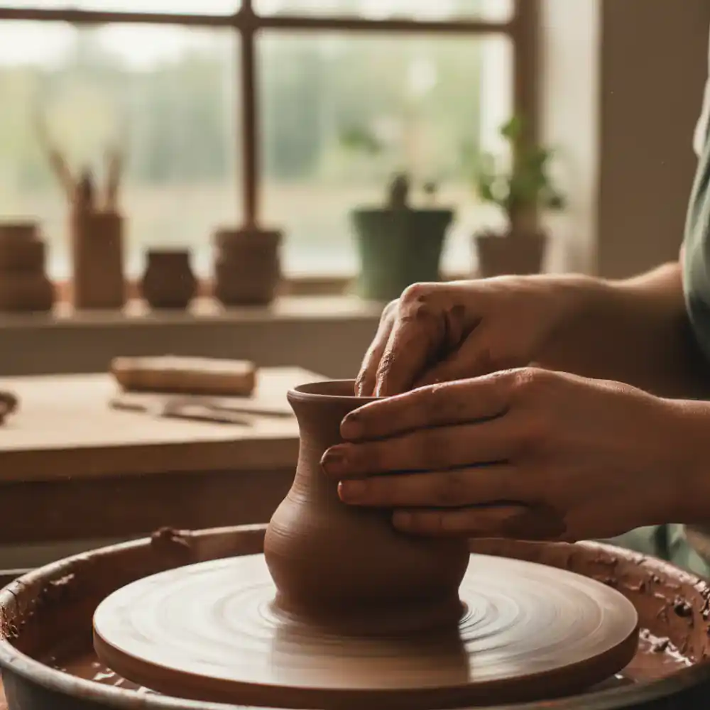 Hands working on a pottery wheel, shaping clay