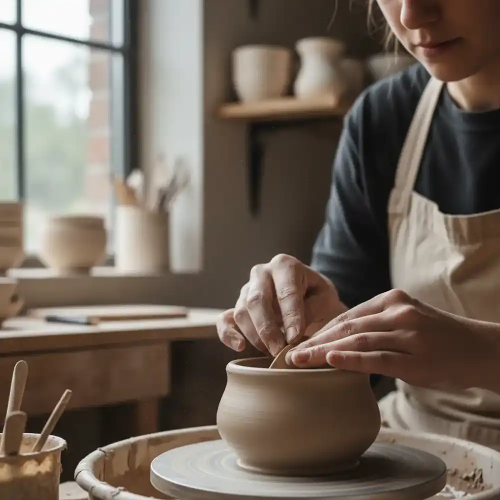 Close-up of a skilled artisan refining a ceramic piece